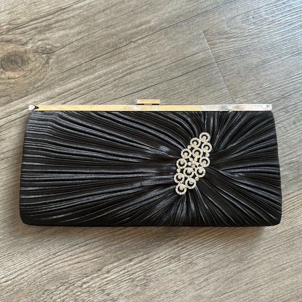 Black Floral Clutch Purse with Silver Removable Crossbody Strap - Black